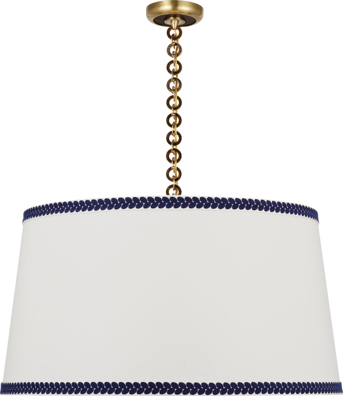 Evelyn 33" Hanging Shade in Hand-Rubbed Antique Brass and Natural Oak with Linen Shade and Schumacher Blue Berkeley Tape