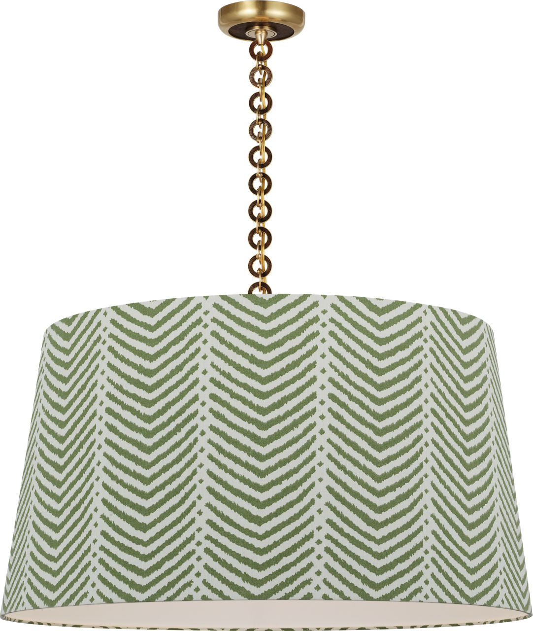 Evelyn 33" Hanging Shade in Hand-Rubbed Antique Brass and Natural Oak with Schumacher Verde La Jolla Shade