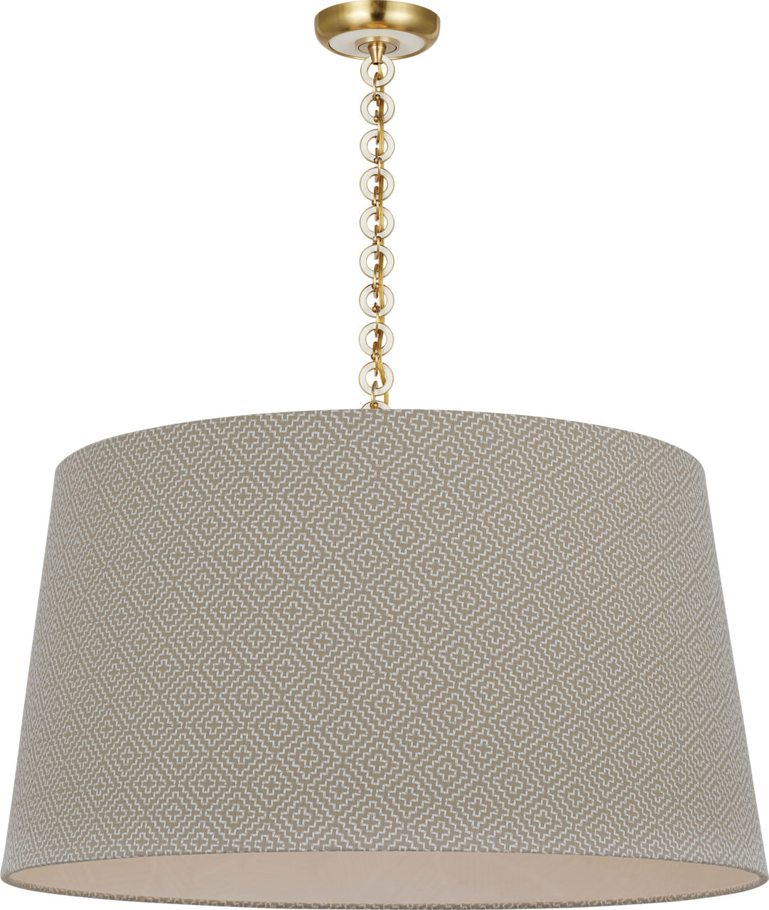 Evelyn 33" Hanging Shade in Hand-Rubbed Antique Brass and White Oak with Schumacher Dove Soho Weave Shade