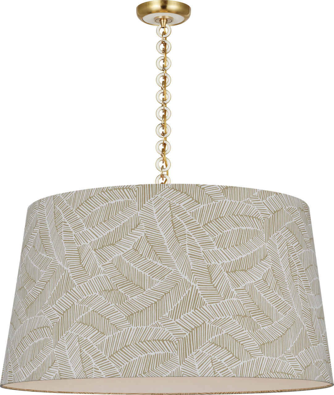 Evelyn 33" Hanging Shade in Hand-Rubbed Antique Brass and White Oak with Schumacher Taupe Abstract Leaf Shade
