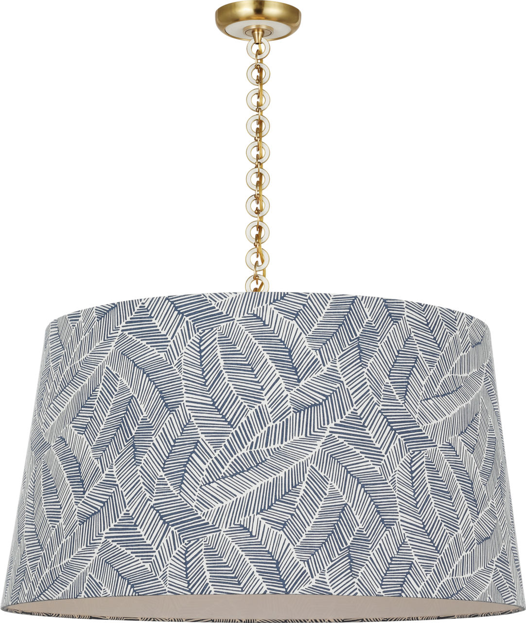 Evelyn 33" Hanging Shade in Hand-Rubbed Antique Brass and White Oak with Schumacher Navy Abstract Leaf Shade