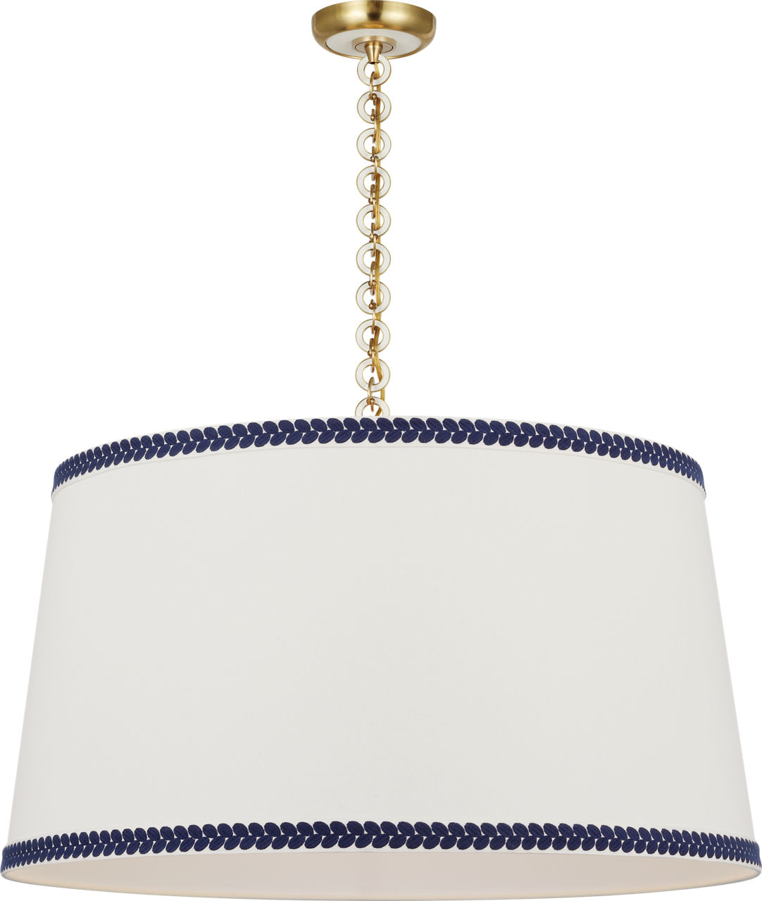 Evelyn 33" Hanging Shade in Hand-Rubbed Antique Brass and White Oak with Linen Shade and Schumacher Blue Berkeley Tape