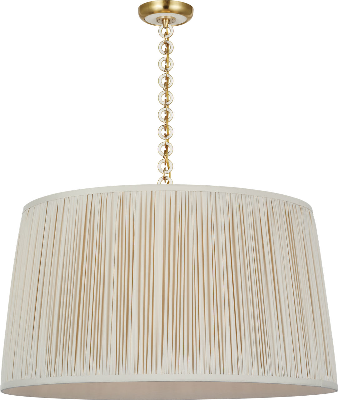 Evelyn 33" Hanging Shade in Hand-Rubbed Antique Brass and White Oak with Champagne Silk Pleated Shade