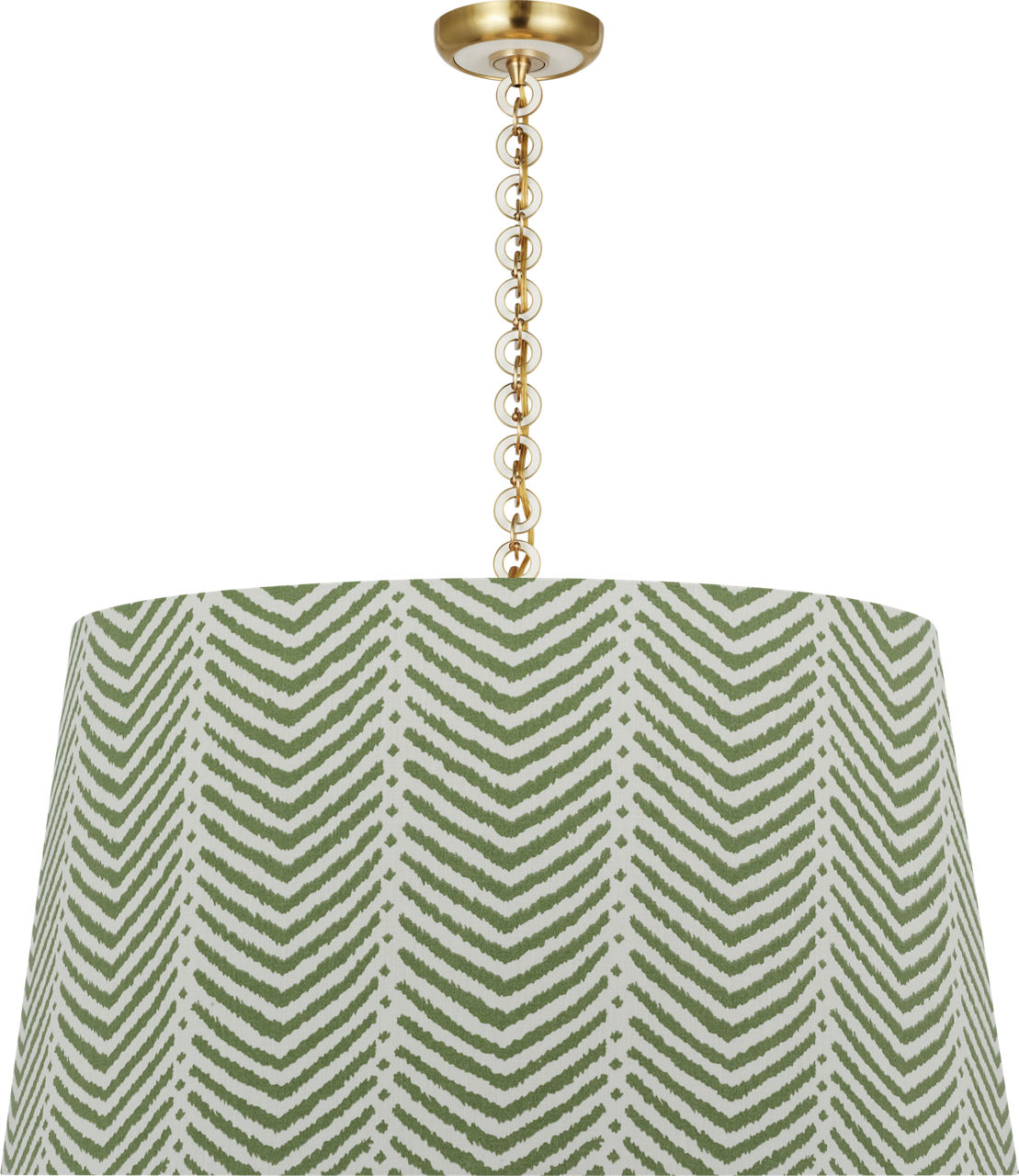 Evelyn 33" Hanging Shade in Hand-Rubbed Antique Brass and White Oak with Schumacher Verde La Jolla Shade