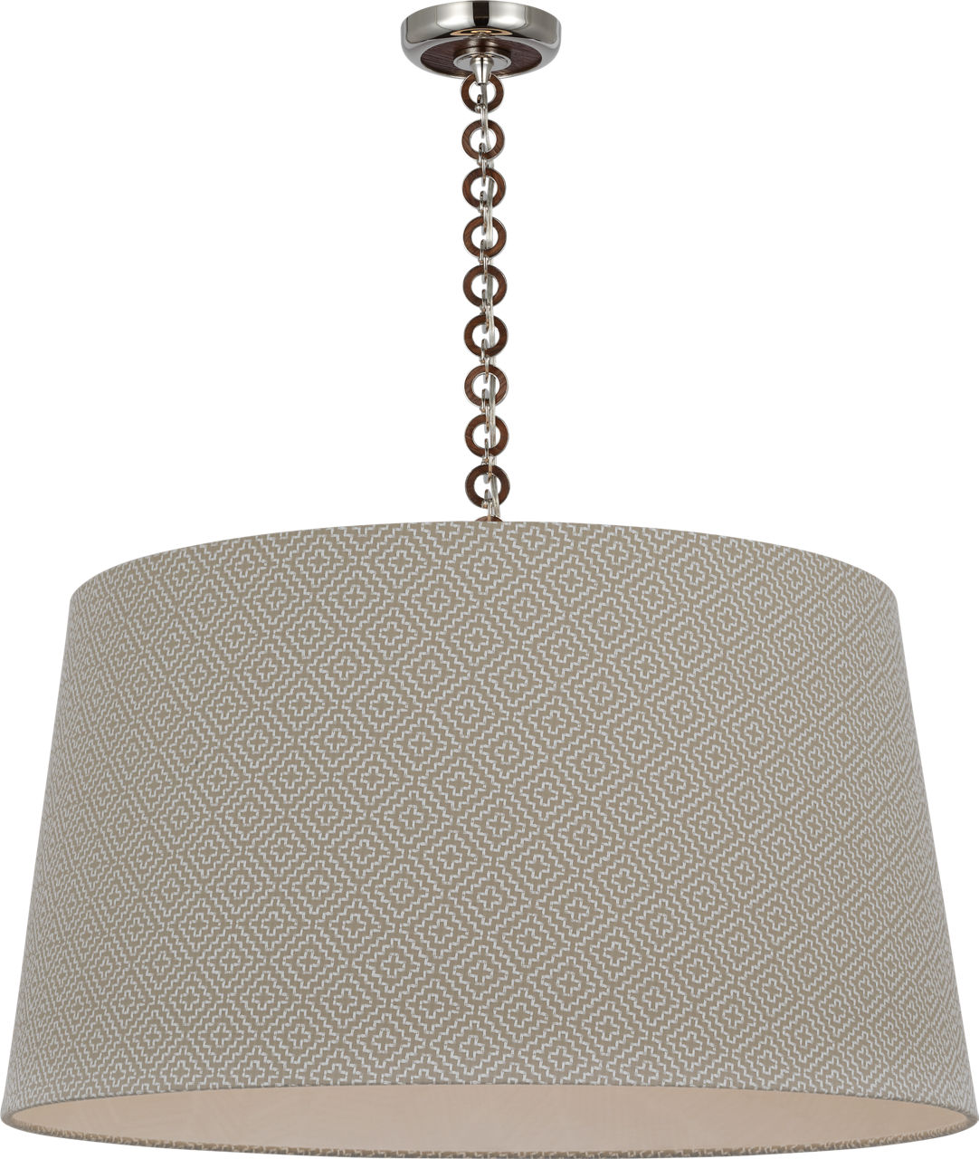 Evelyn 33" Hanging Shade in Polished Nickel and Natural Oak with Schumacher Dove Soho Weave Shade