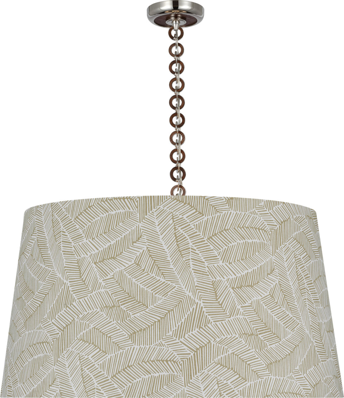 Evelyn 33" Hanging Shade in Polished Nickel and Natural Oak with Schumacher Taupe Abstract Leaf Shade