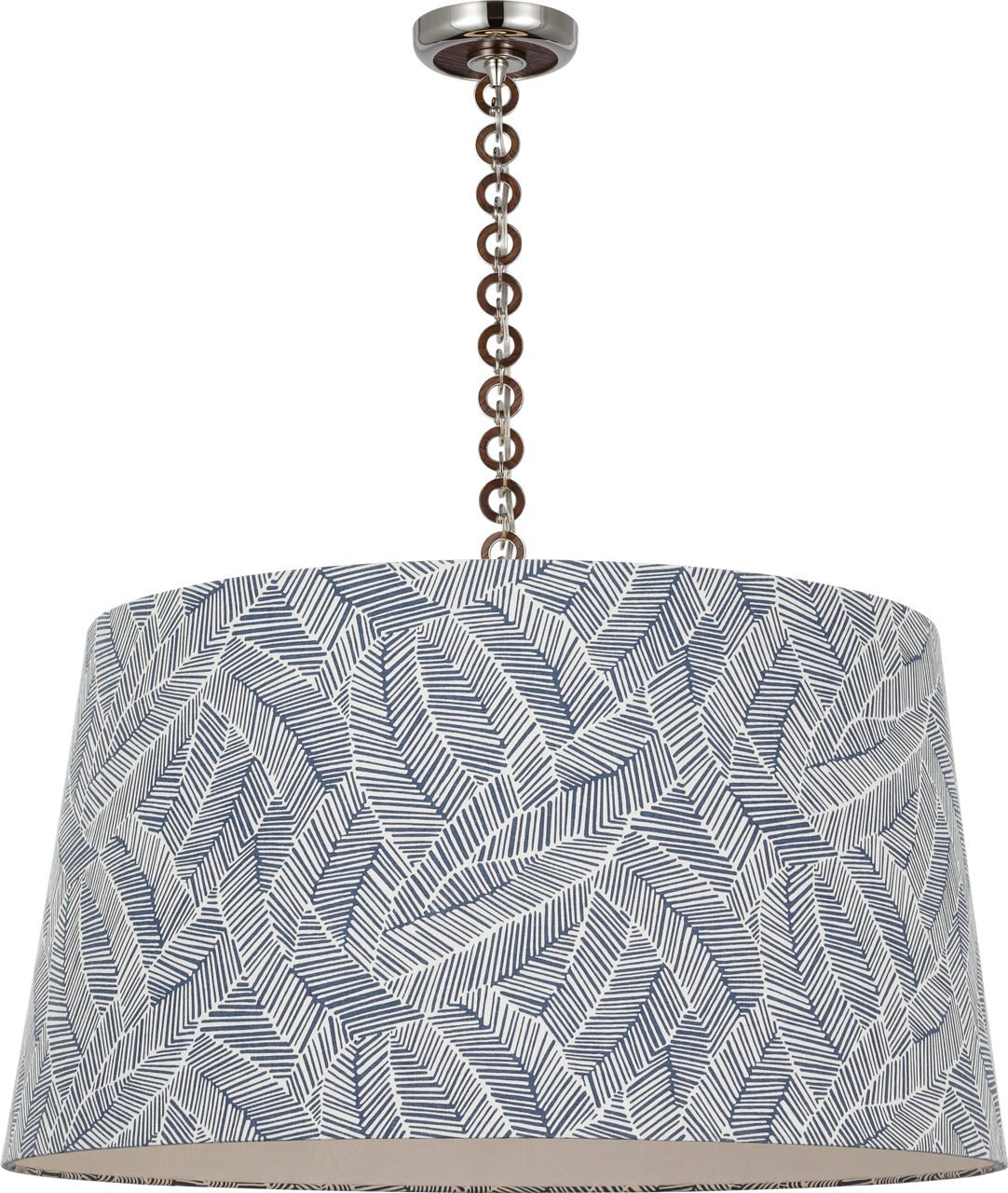 Evelyn 33" Hanging Shade in Polished Nickel and Natural Oak with Schumacher Navy Abstract Leaf Shade