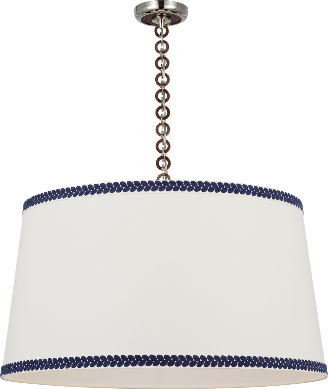 Evelyn 33" Hanging Shade in Polished Nickel and Natural Oak with Linen Shade and Schumacher Blue Berkeley Tape