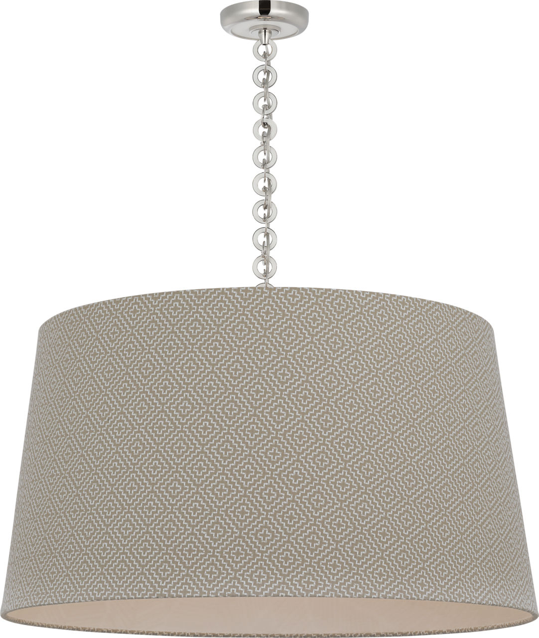 Evelyn 33" Hanging Shade in Polished Nickel and White Oak with Schumacher Dove Soho Weave Shade