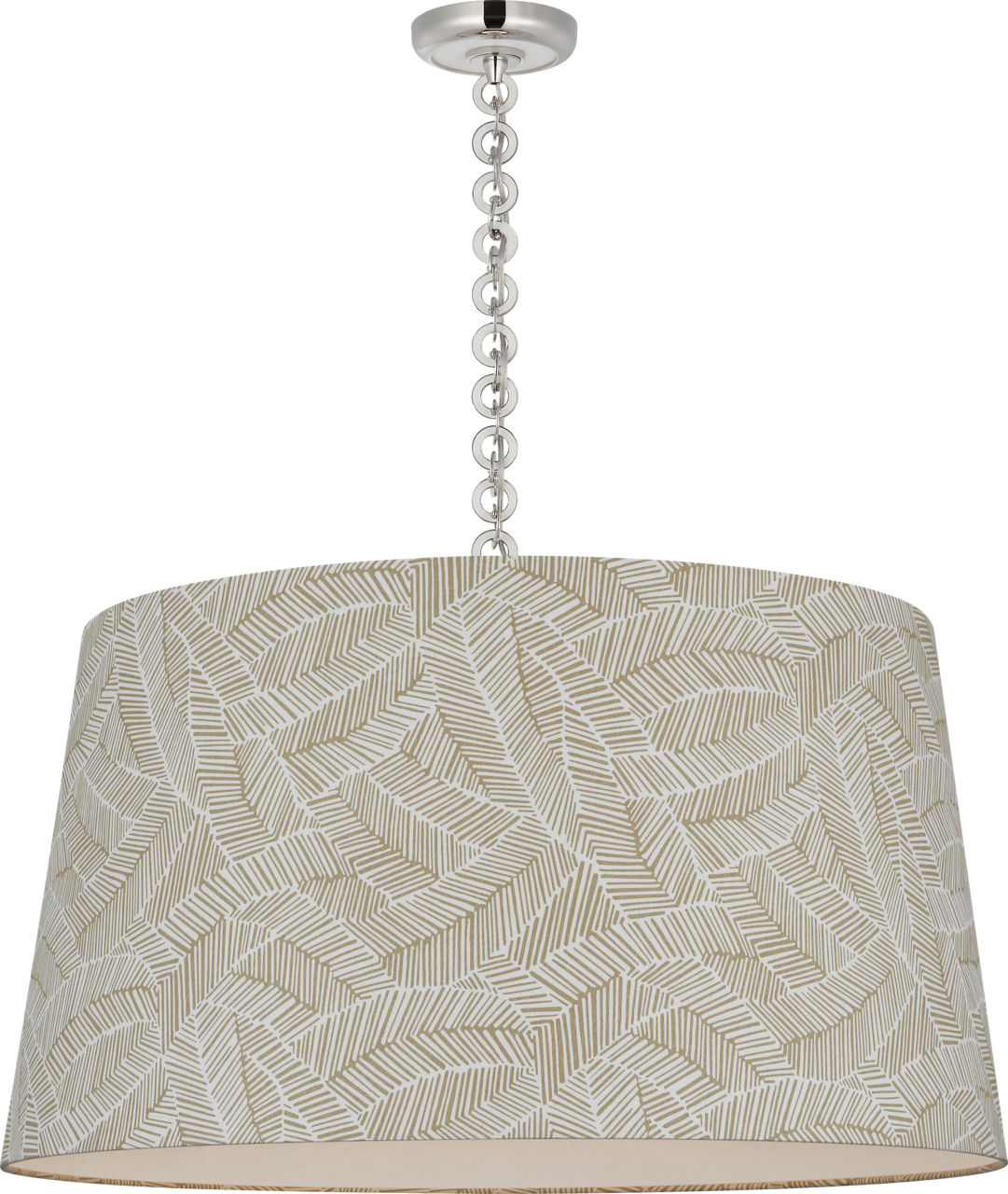 Evelyn 33" Hanging Shade in Polished Nickel and White Oak with Schumacher Taupe Abstract Leaf Shade