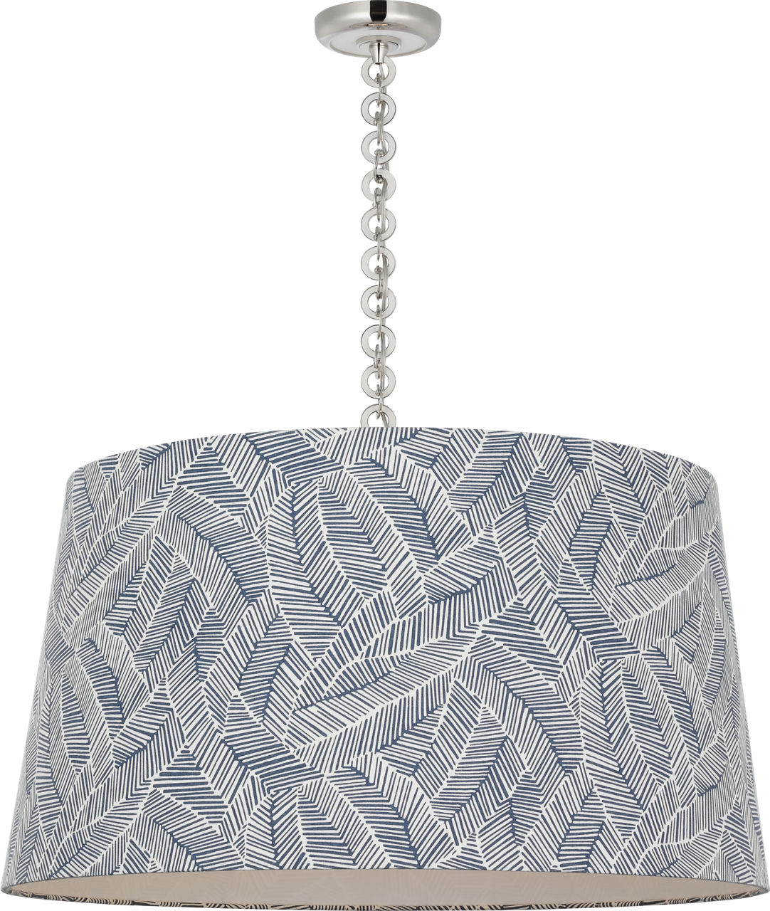 Evelyn 33" Hanging Shade in Polished Nickel and White Oak with Schumacher Navy Abstract Leaf Shade
