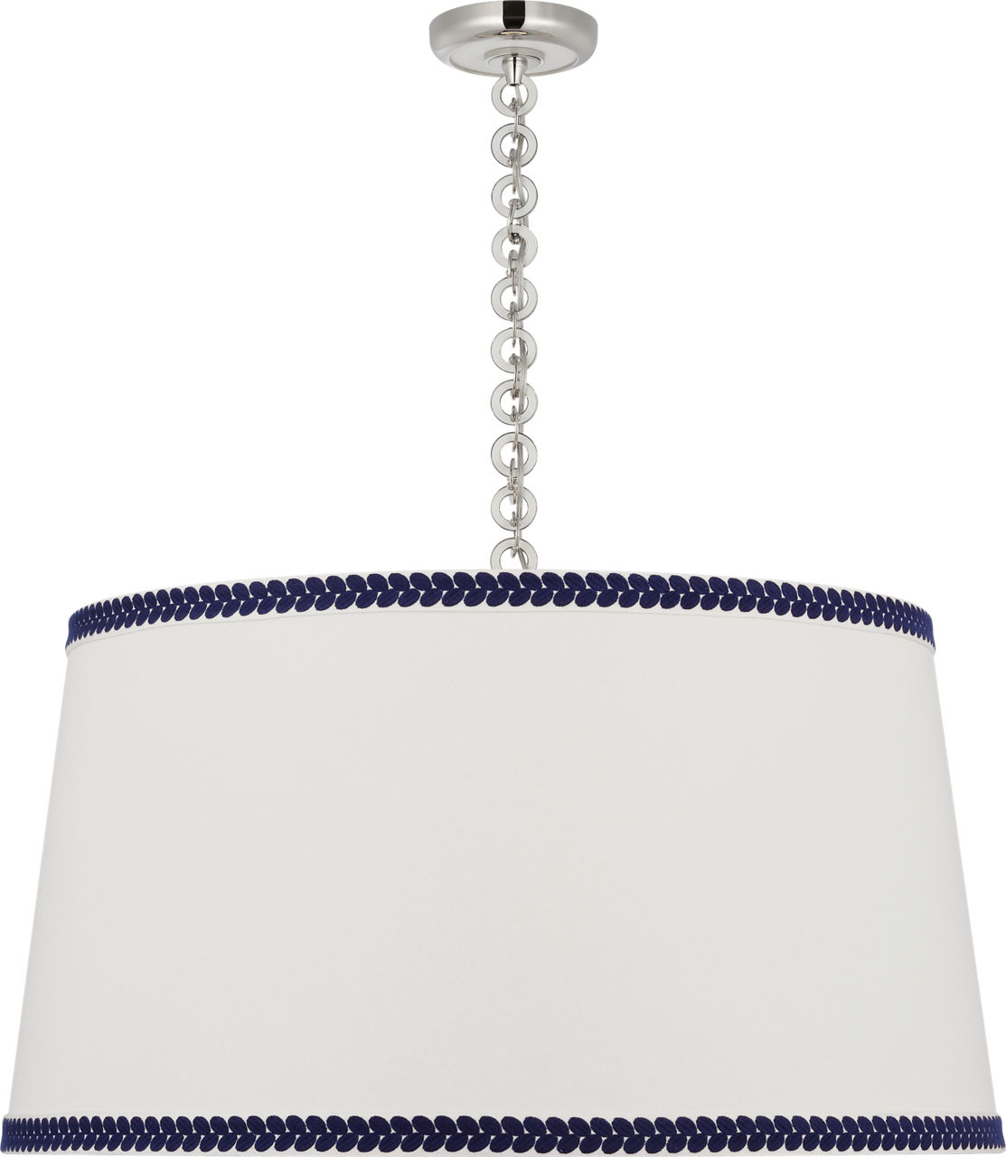 Evelyn 33" Hanging Shade in Polished Nickel and White Oak with Linen Shade and Schumacher Blue Berkeley Tape