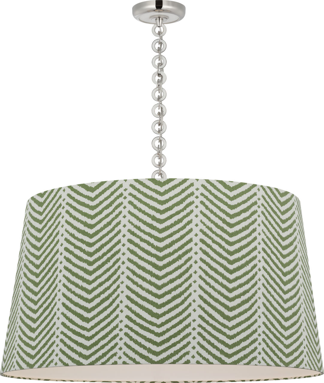 Evelyn 33" Hanging Shade in Polished Nickel and White Oak with Schumacher Verde La Jolla Shade