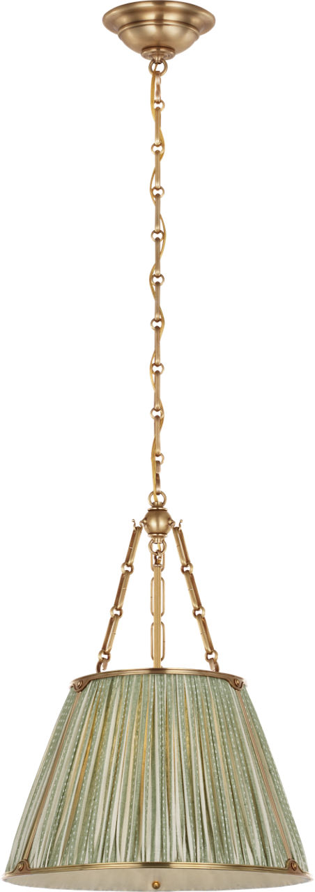 Allister 16" Hanging Shade in Hand-Rubbed Antique Brass with Schumacher Sage Mathis Ticking Stripe Pleated Shade
