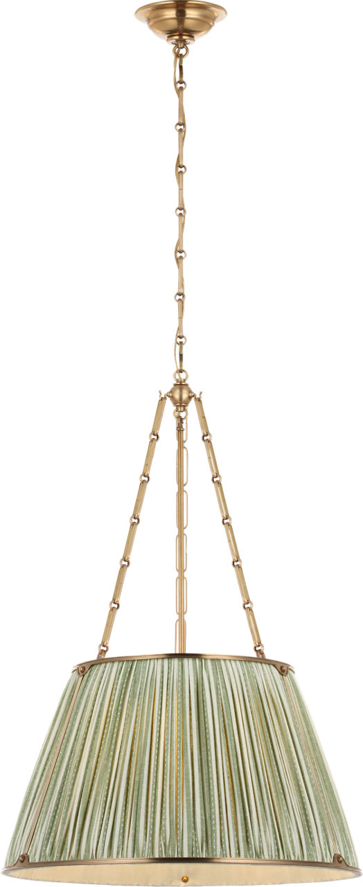 Allister 21" Hanging Shade in Hand-Rubbed Antique Brass with Schumacher Sage Mathis Ticking Stripe Pleated Shade