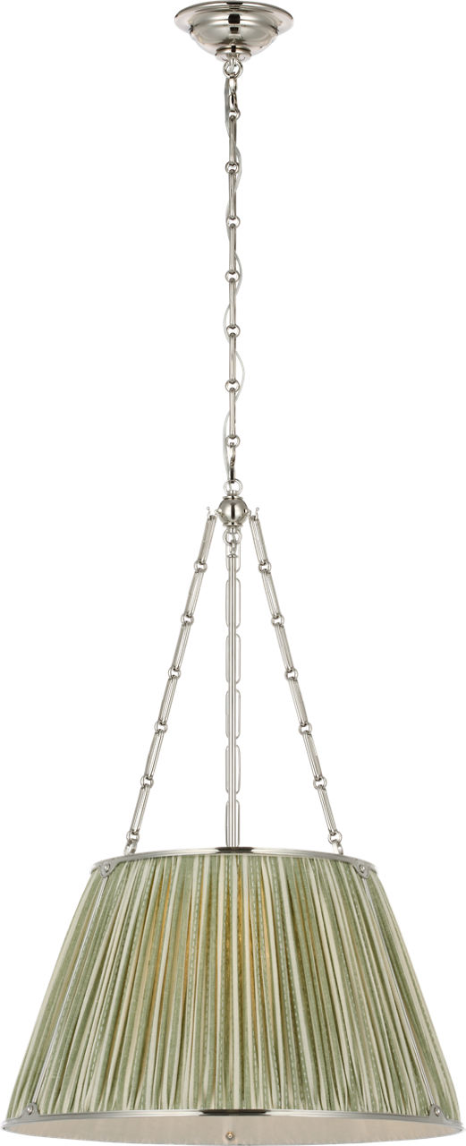 Allister 21" Hanging Shade in Polished Nickel with Schumacher Sage Mathis Ticking Stripe Pleated Shade
