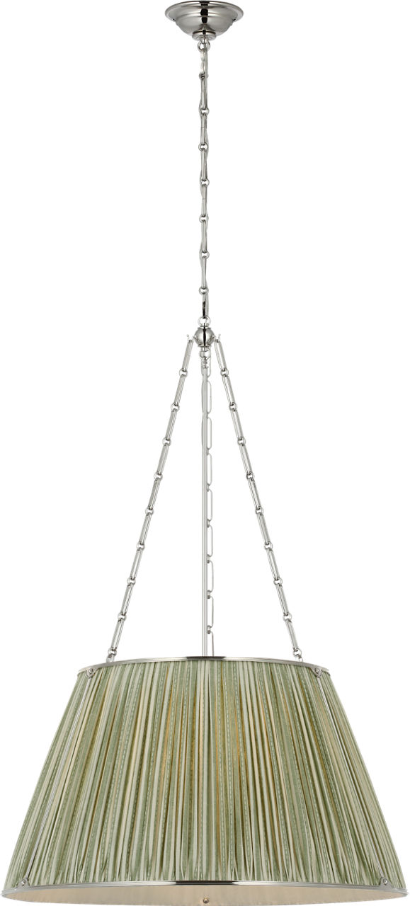 Allister 29" Hanging Shade in Polished Nickel with Schumacher Sage Mathis Ticking Stripe Pleated Shade