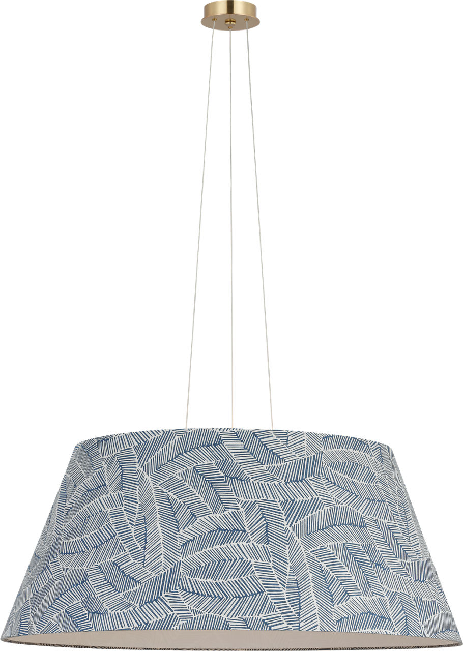 Caufield 39" Hanging Shade in Hand-Rubbed Antique Brass with Schumacher Navy Abstract Leaf Shade