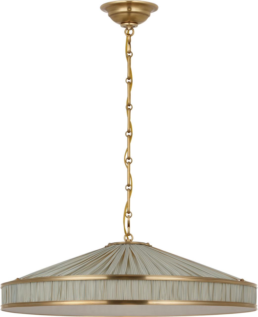 Allister 24" Galleried Hanging Shade in Hand-Rubbed Antique Brass with Schumacher Pleated Blue Charee Stripe