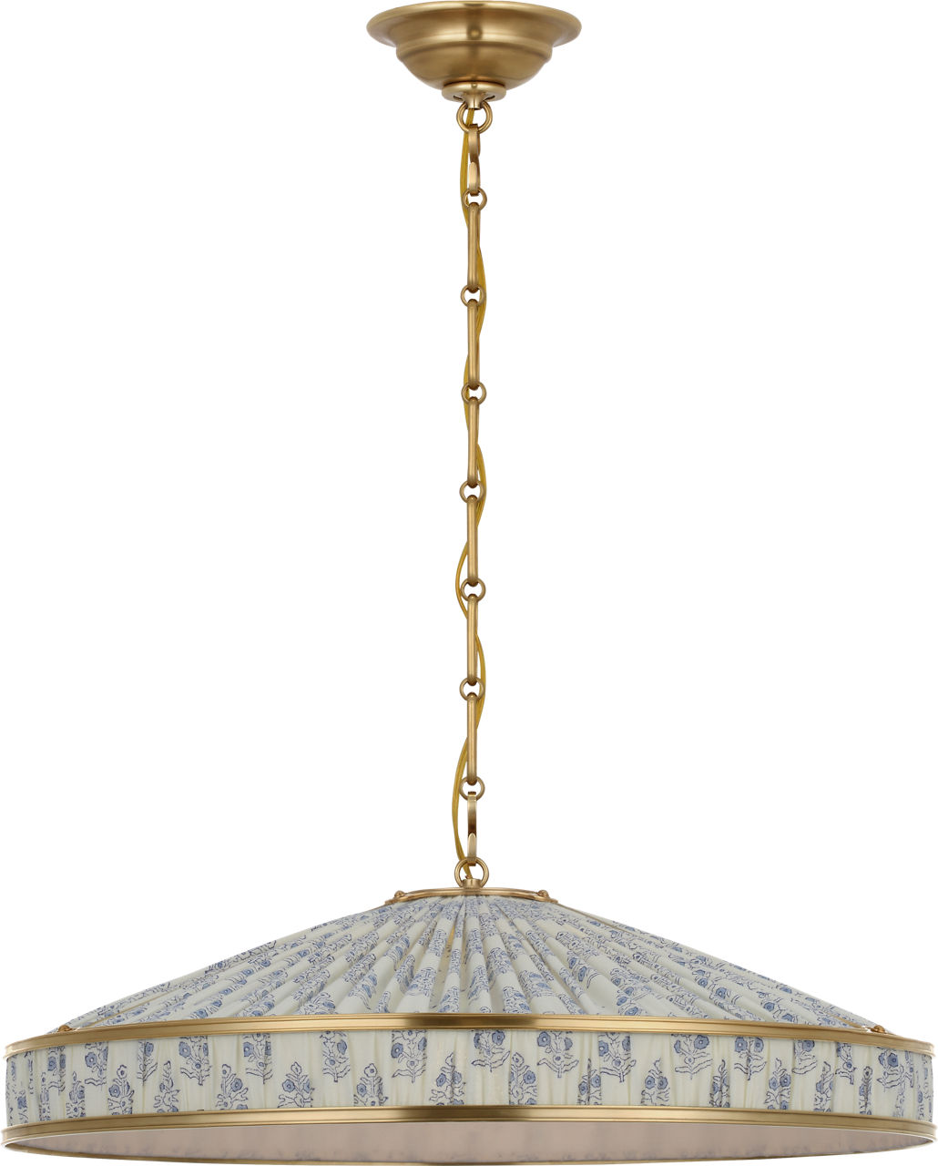Allister 24" Galleried Hanging Shade in Hand-Rubbed Antique Brass with Schumacher Pleated Blue Aditi