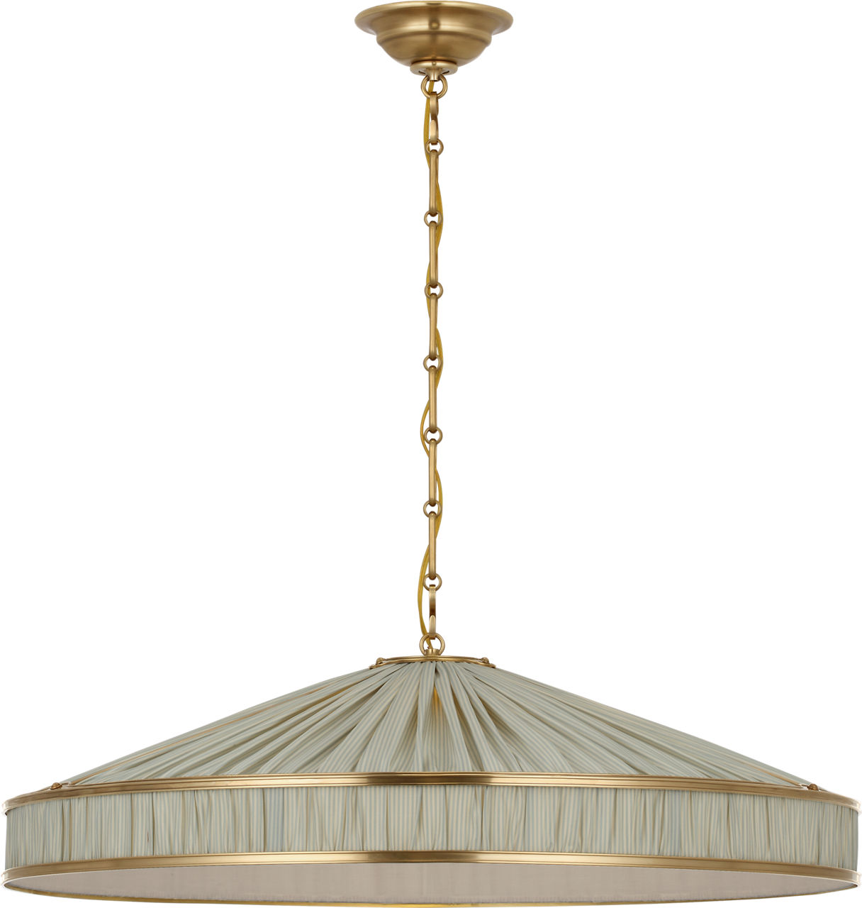 Allister 30" Galleried Hanging Shade in Hand-Rubbed Antique Brass with Schumacher Pleated Blue Charee Stripe