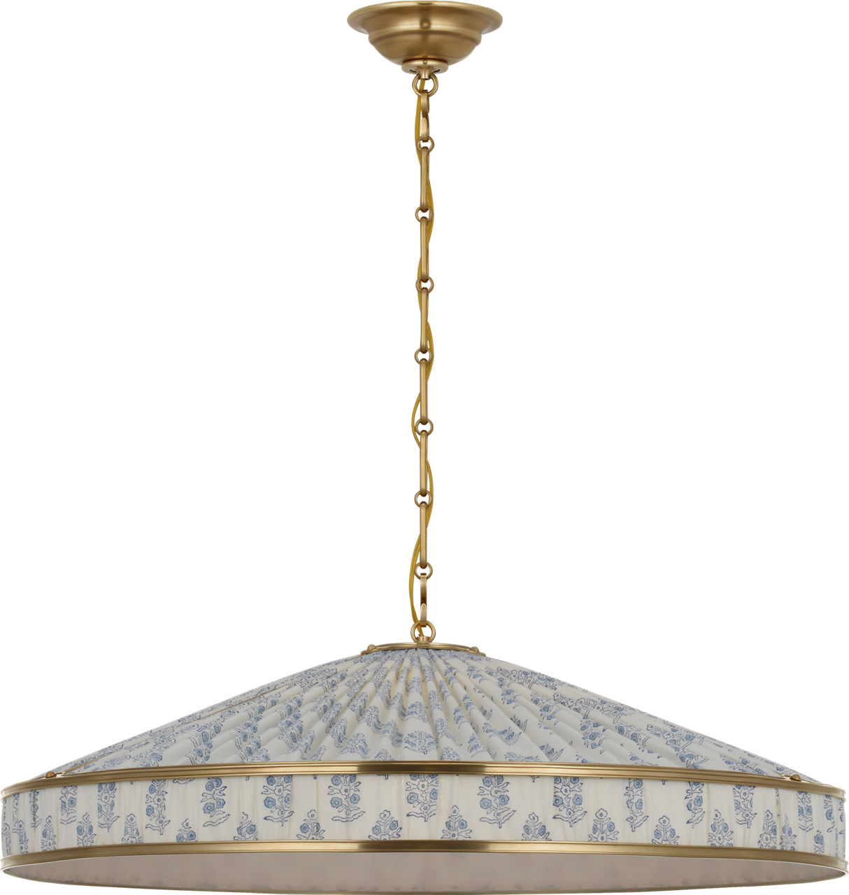 Allister 30" Galleried Hanging Shade in Hand-Rubbed Antique Brass with Schumacher Pleated Blue Aditi