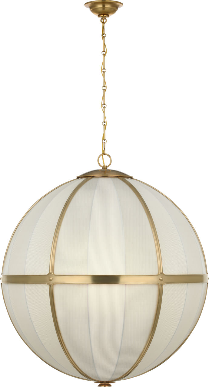 Allister 30" Framed Globe Chandelier in Hand-Rubbed Antique Brass with Schumacher Blue Charee Stripe