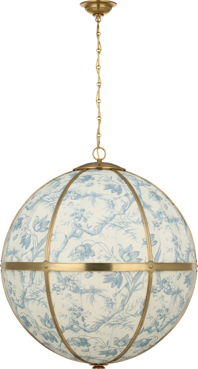 Allister 30" Framed Globe Chandelier in Hand-Rubbed Antique Brass with Schumacher Delft Toile De Fleurs
