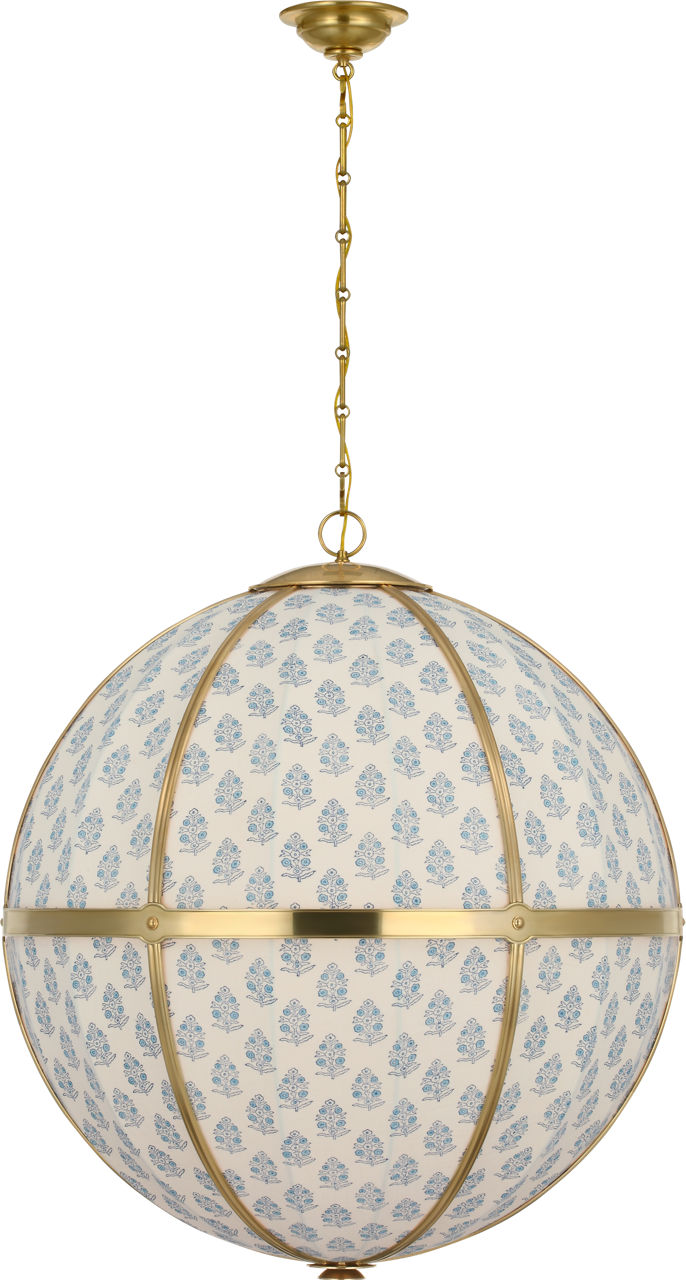 Allister 30" Framed Globe Chandelier in Hand-Rubbed Antique Brass with Schumacher Blue Aditi