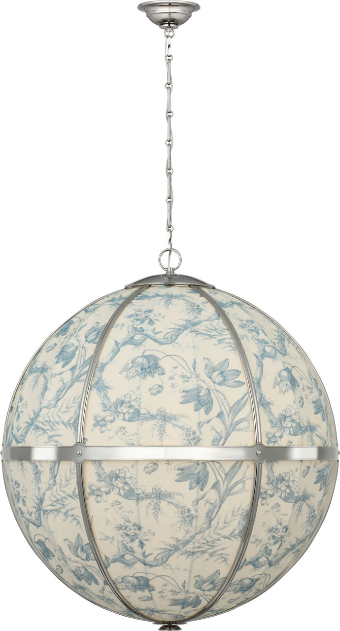 Allister 30" Framed Globe Chandelier in Polished Nickel with Schumacher Delft Toile De Fleurs