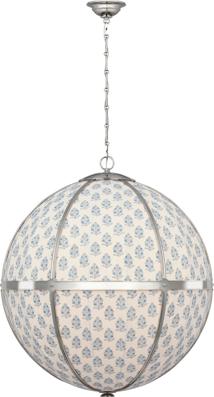 Allister 30" Framed Globe Chandelier in Polished Nickel with Schumacher Blue Aditi