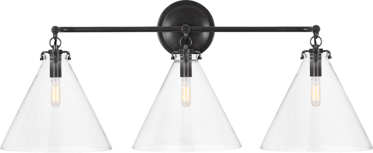 Katie Small Conical Triple Sconce in Bronze with Clear Glass