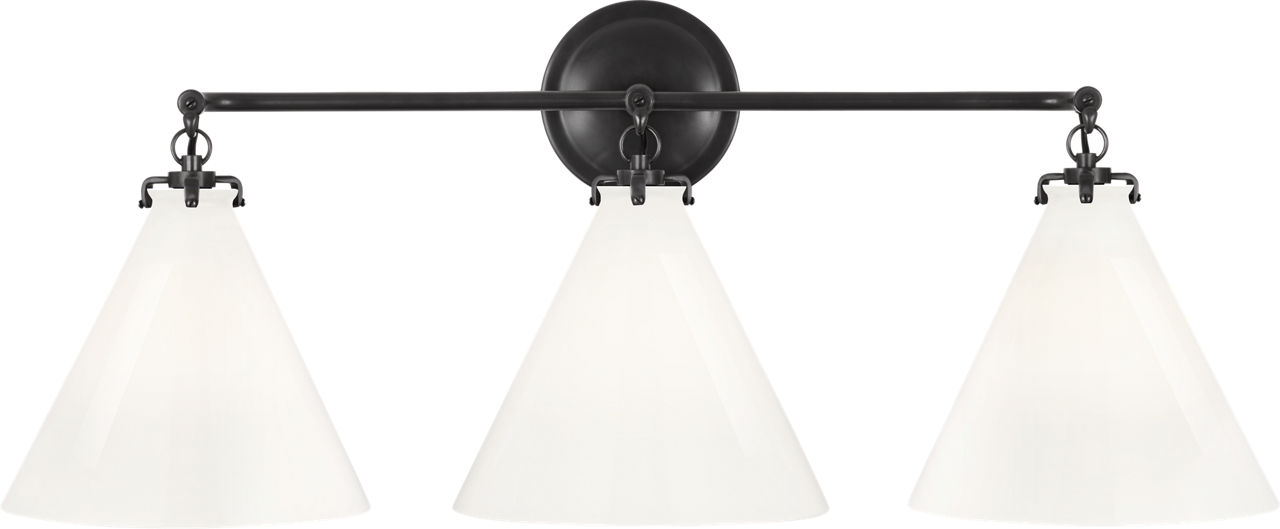 Katie Small Conical Triple Sconce in Bronze with White Glass