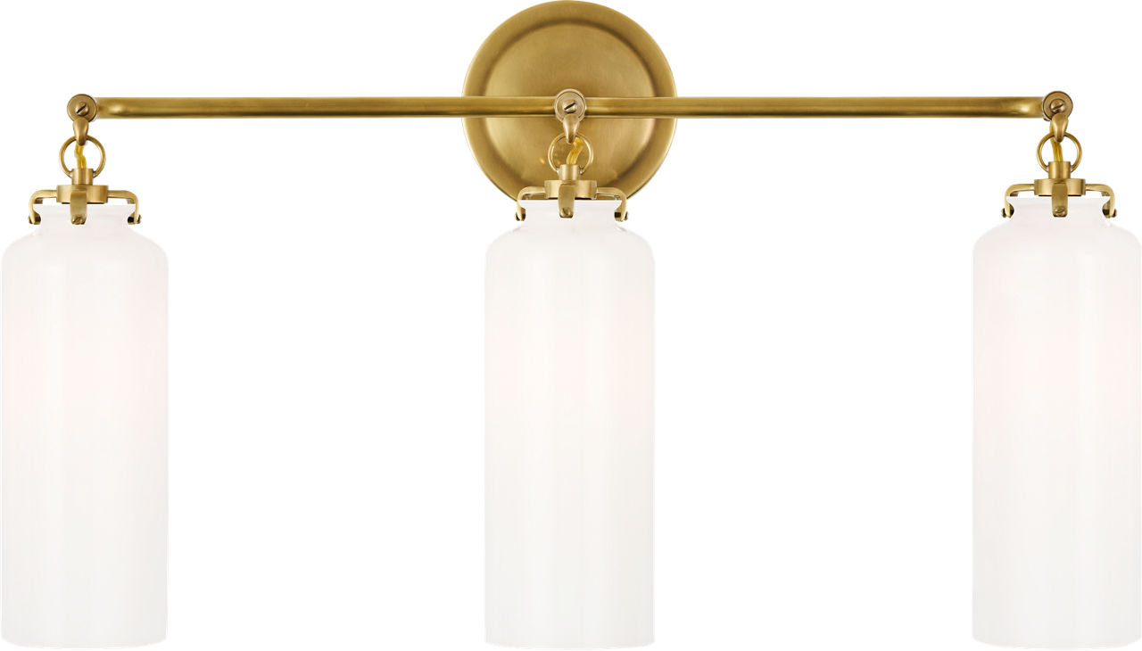 Katie Small Cylinder Triple Sconce in Hand-Rubbed Antique Brass with White Glass