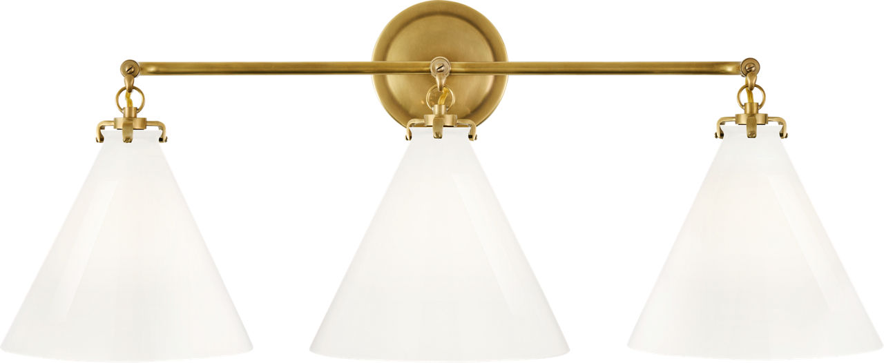 Katie Small Conical Triple Sconce in Hand-Rubbed Antique Brass with White Glass