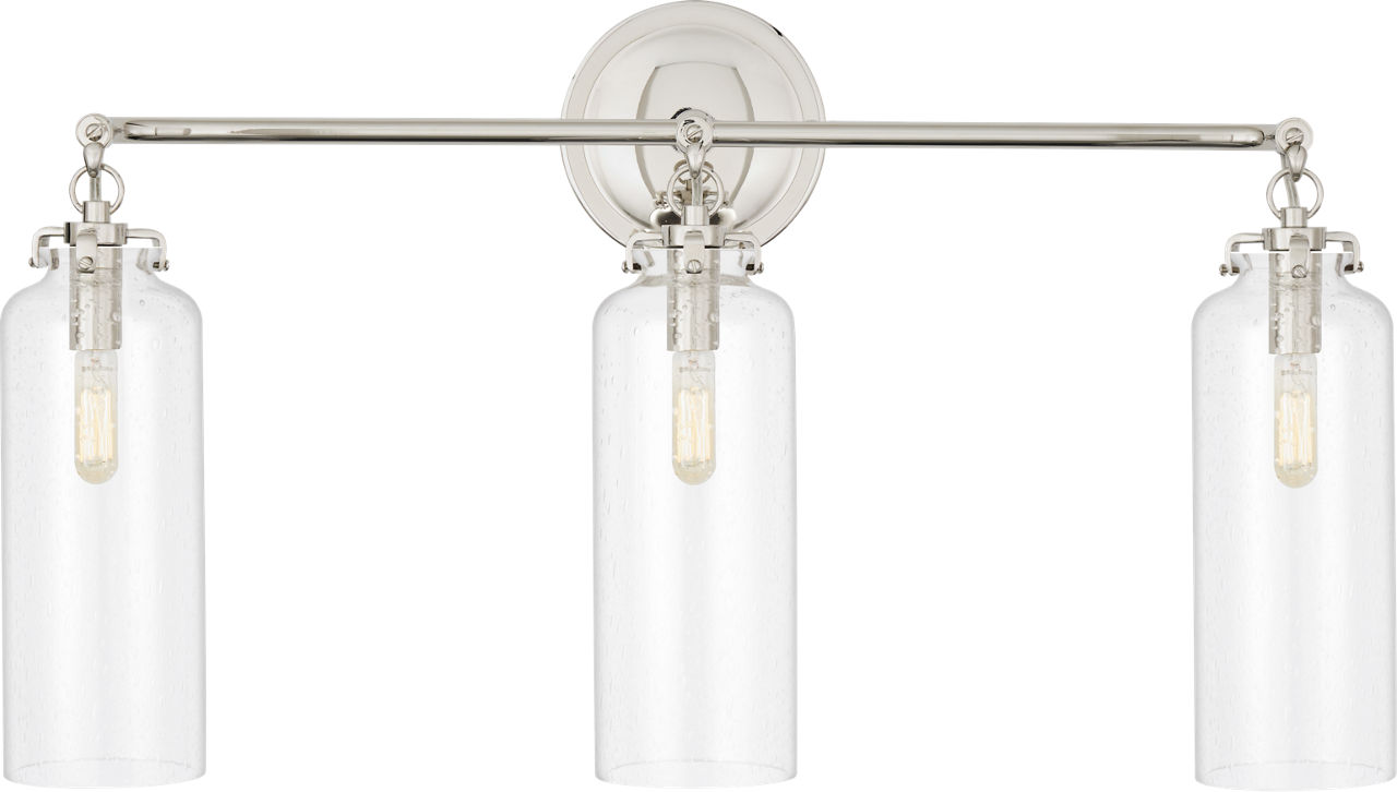 Katie Small Cylinder Triple Sconce in Polished Nickel with Seeded Glass