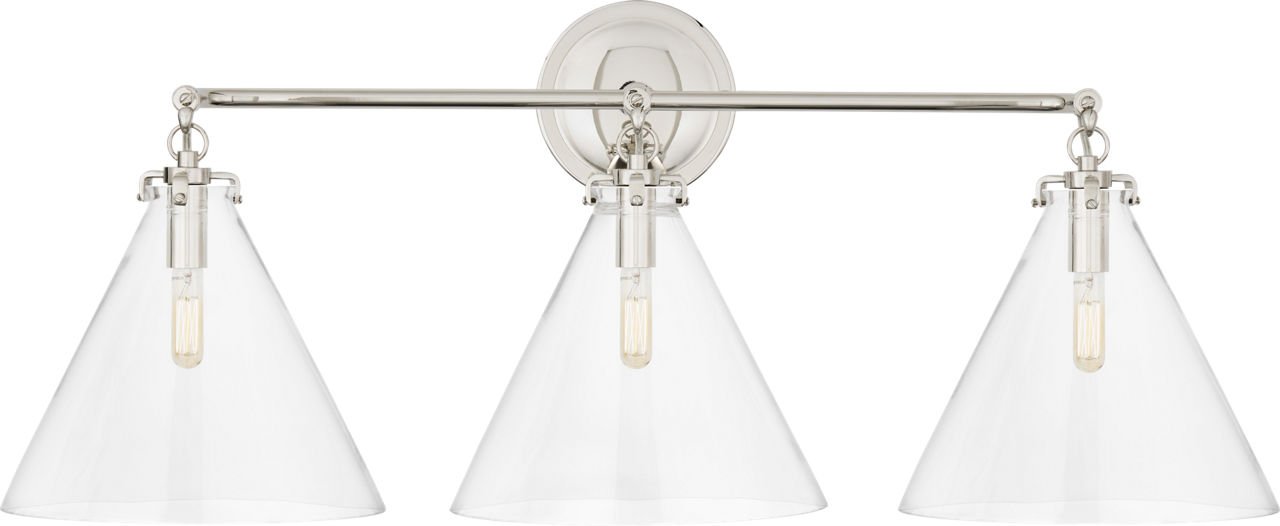 Katie Small Conical Triple Sconce in Polished Nickel with Clear Glass