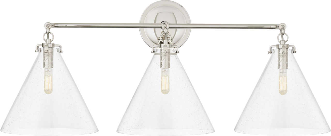 Katie Small Conical Triple Sconce in Polished Nickel with Seeded Glass