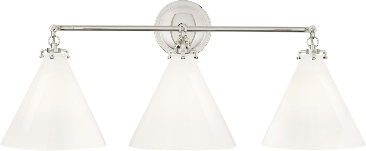Katie Small Conical Triple Sconce in Polished Nickel with White Glass