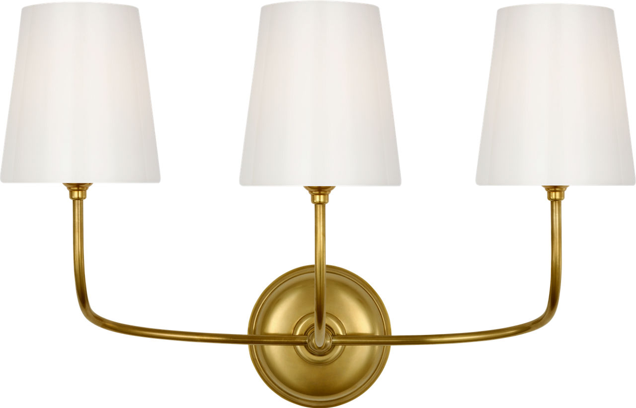 Vendome Triple Bath Sconce in Hand-Rubbed Antique Brass with White Glass Shades