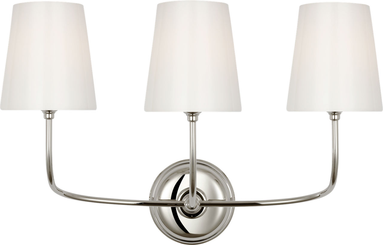 Vendome Triple Bath Sconce in Polished Nickel with White Glass Shades