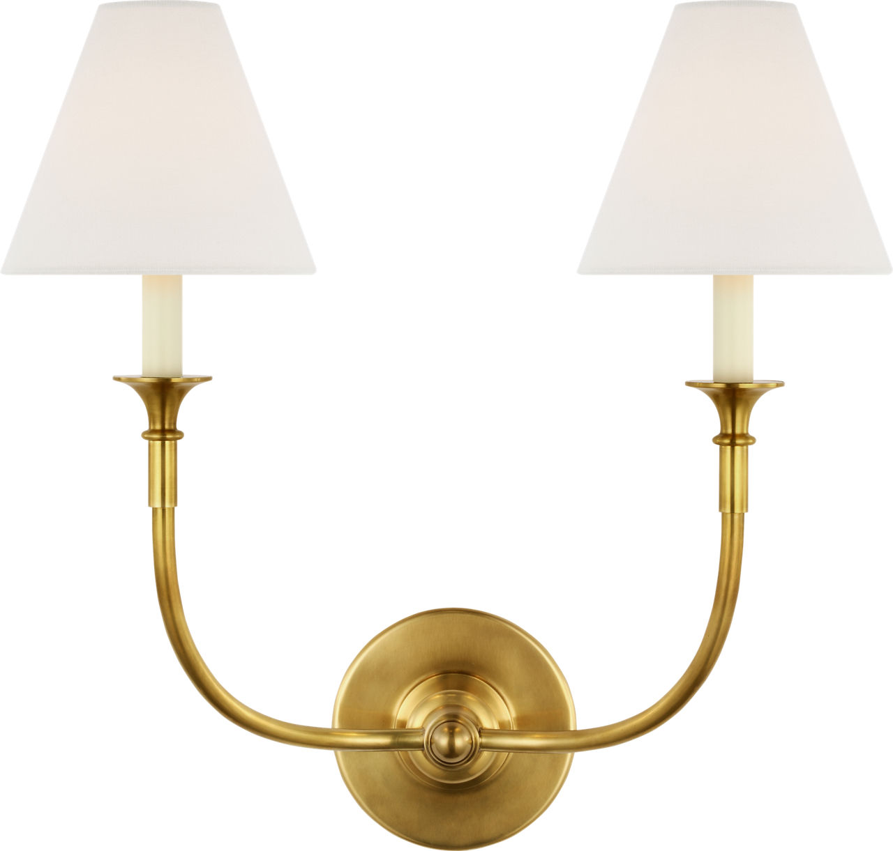Piaf Double Sconce in Hand-Rubbed Antique Brass with Linen Shade