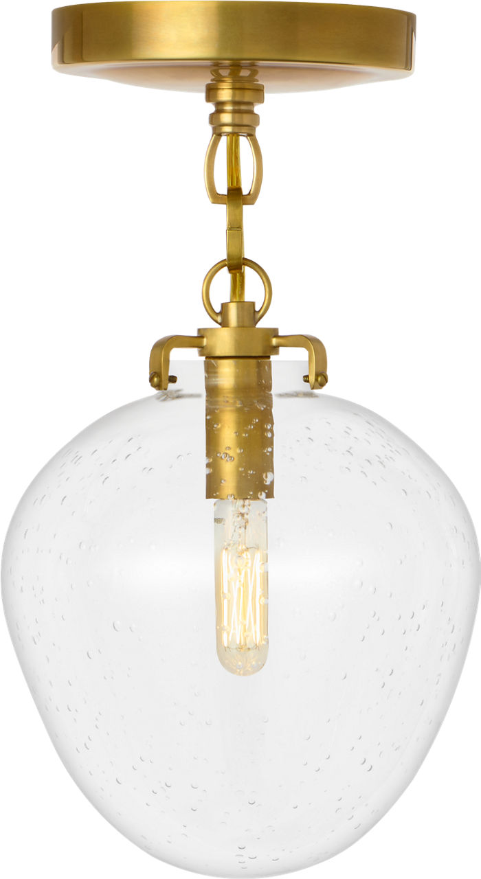 Katie Small Acorn Semi-Flush Mount in Hand-Rubbed Antique Brass with Seeded Glass