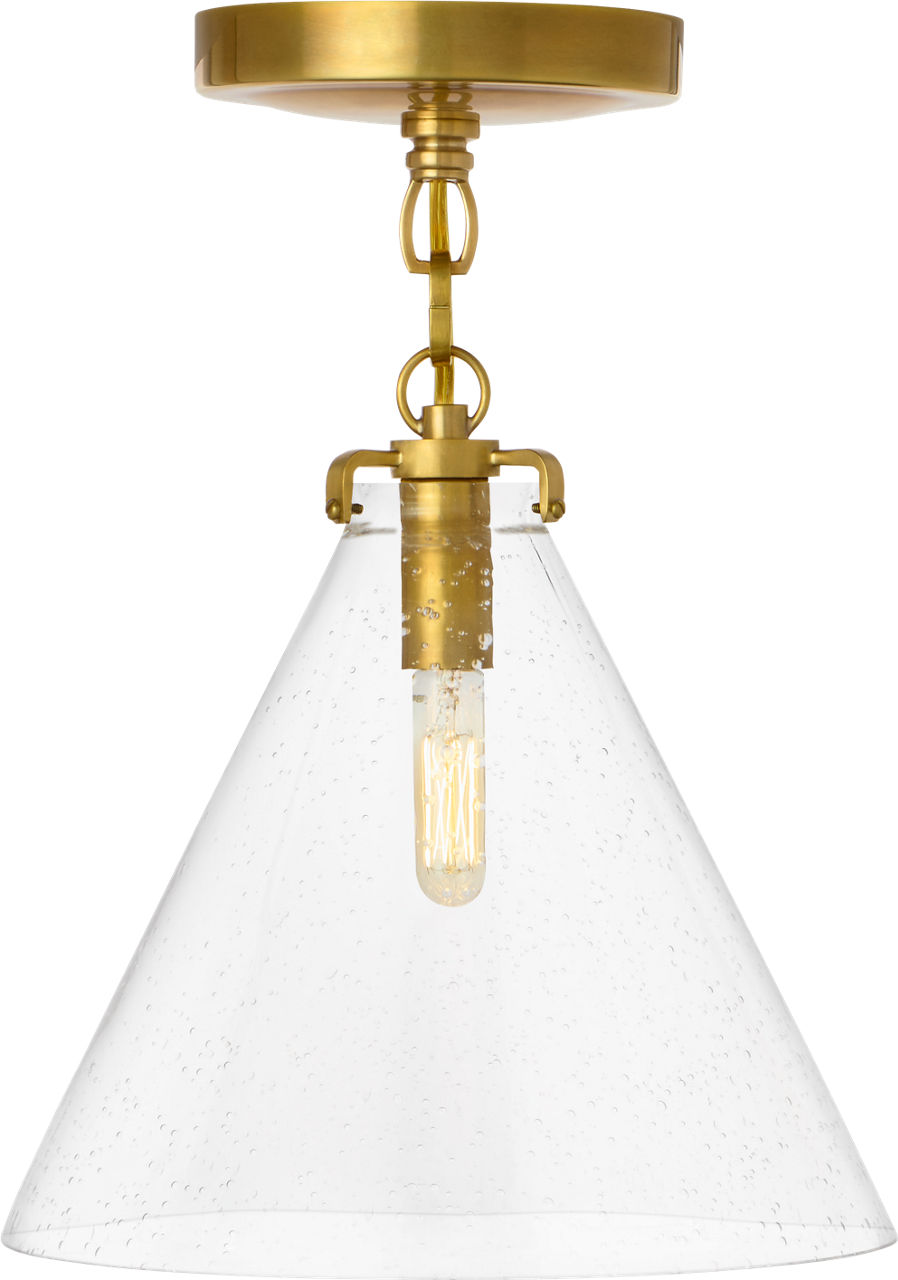 Katie Small Conical Semi-Flush Mount in Hand-Rubbed Antique Brass with Seeded Glass