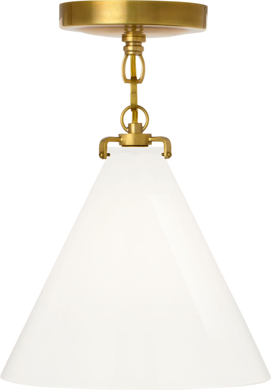 Katie Small Conical Semi-Flush Mount in Hand-Rubbed Antique Brass with White Glass
