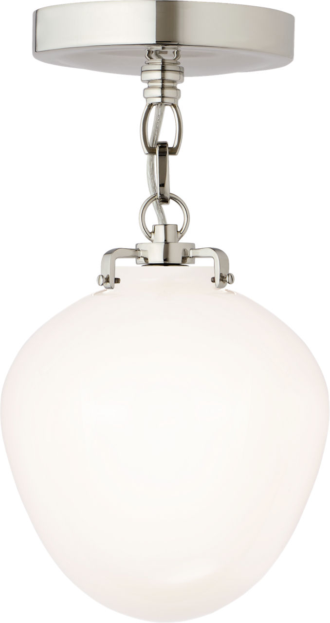 Katie Small Acorn Semi-Flush Mount in Polished Nickel with White Glass