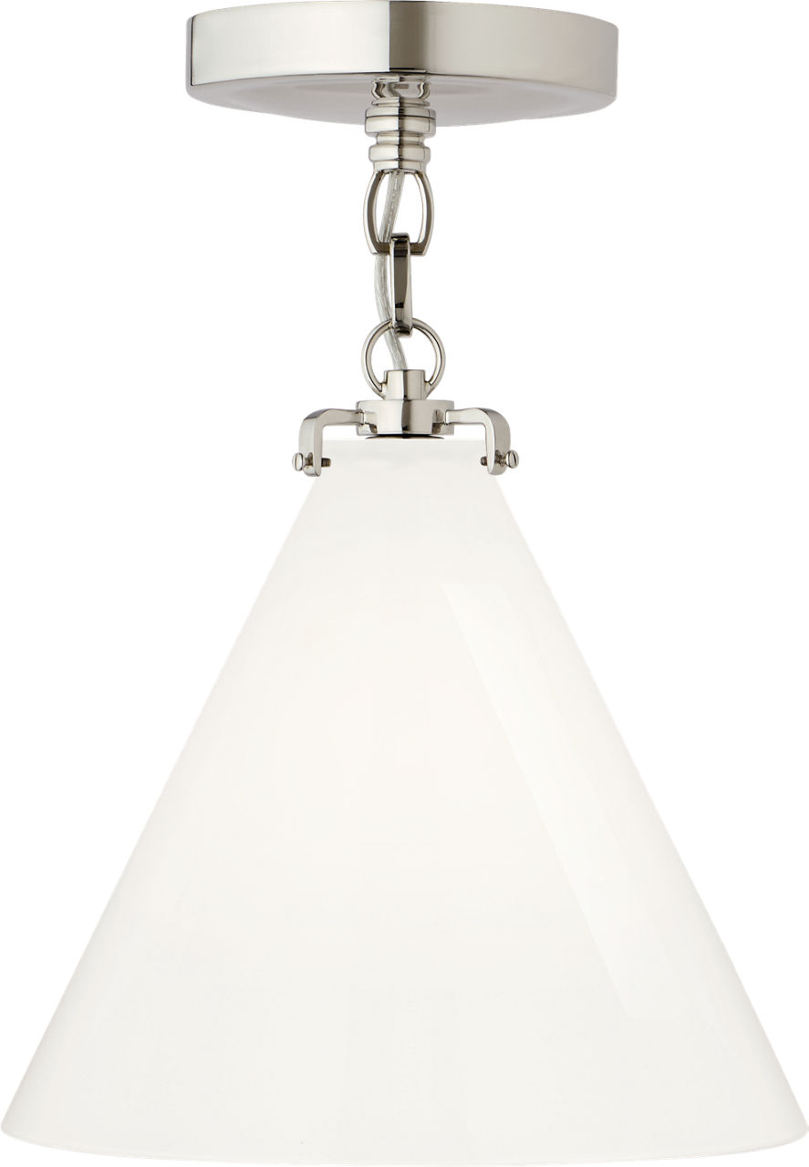 Katie Small Conical Semi-Flush Mount in Polished Nickel with White Glass