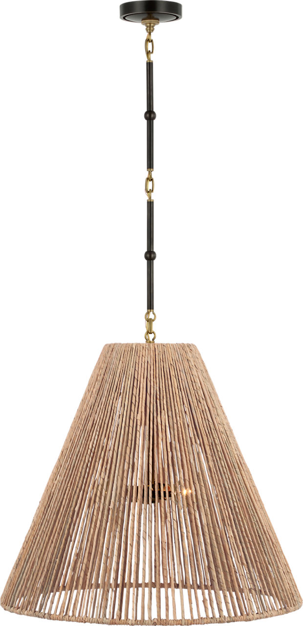 Goodman Large Hanging Lamp in Bronze and Hand-Rubbed Antique Brass with Natural Abaca Shade