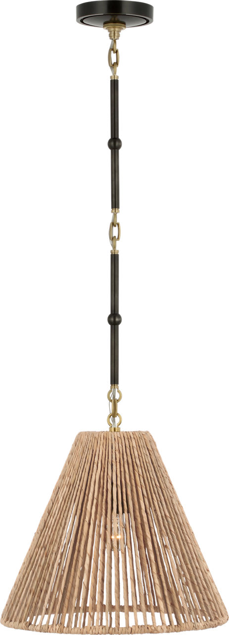 Goodman Small Hanging Light in Bronze and Hand-Rubbed Antique Brass with Natural Abaca Shade