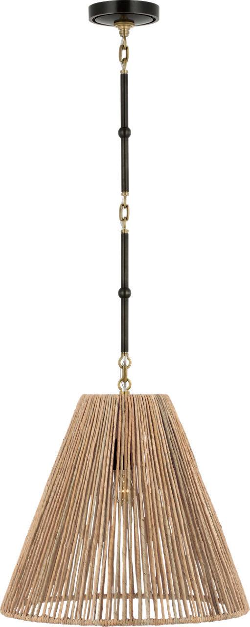 Goodman Medium Hanging Light in Bronze and Hand-Rubbed Antique Brass with Natural Abaca Shade